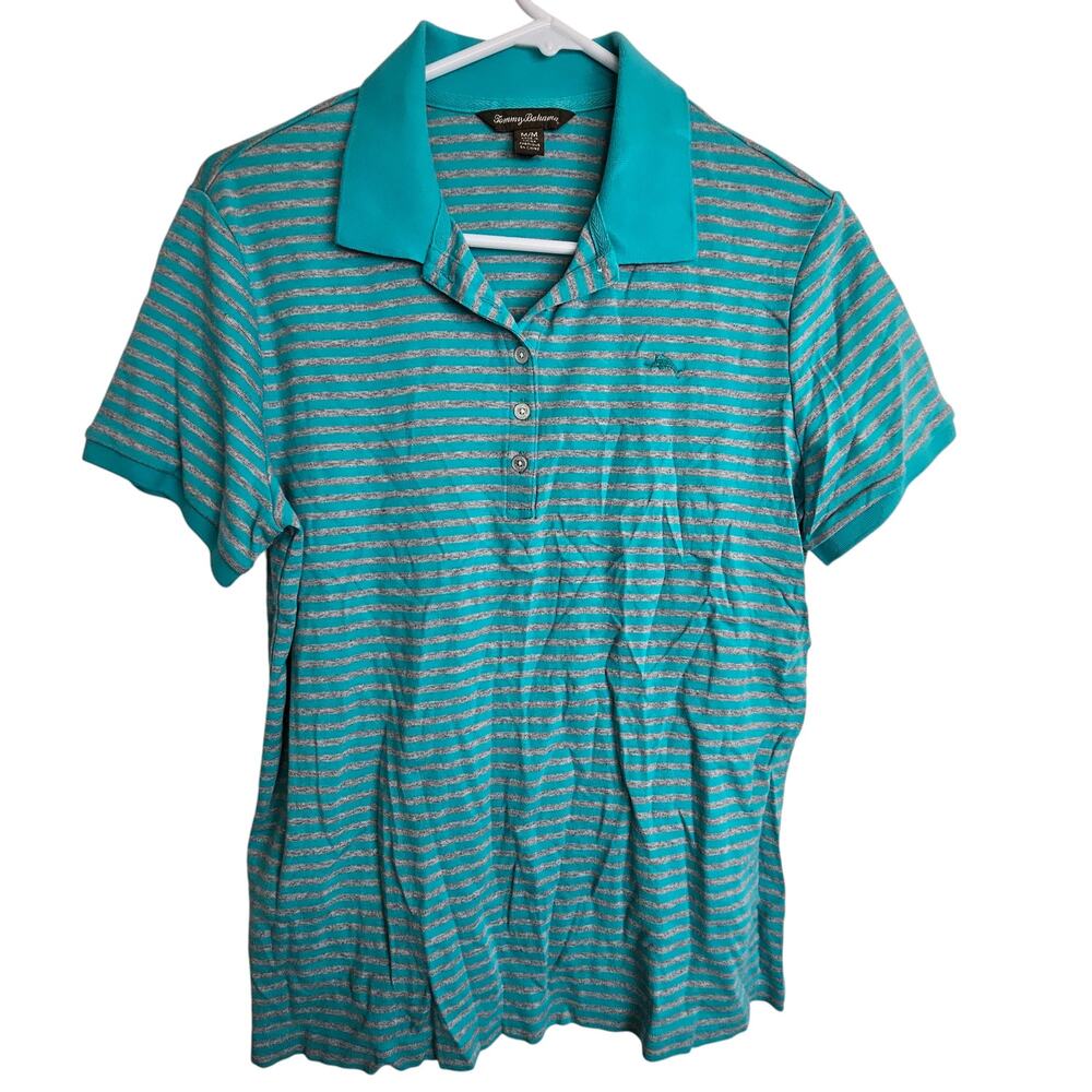 Tommy Bahama Womens Striped Polo Shirt Sz M Resortwear Preppy Breathable Stretch